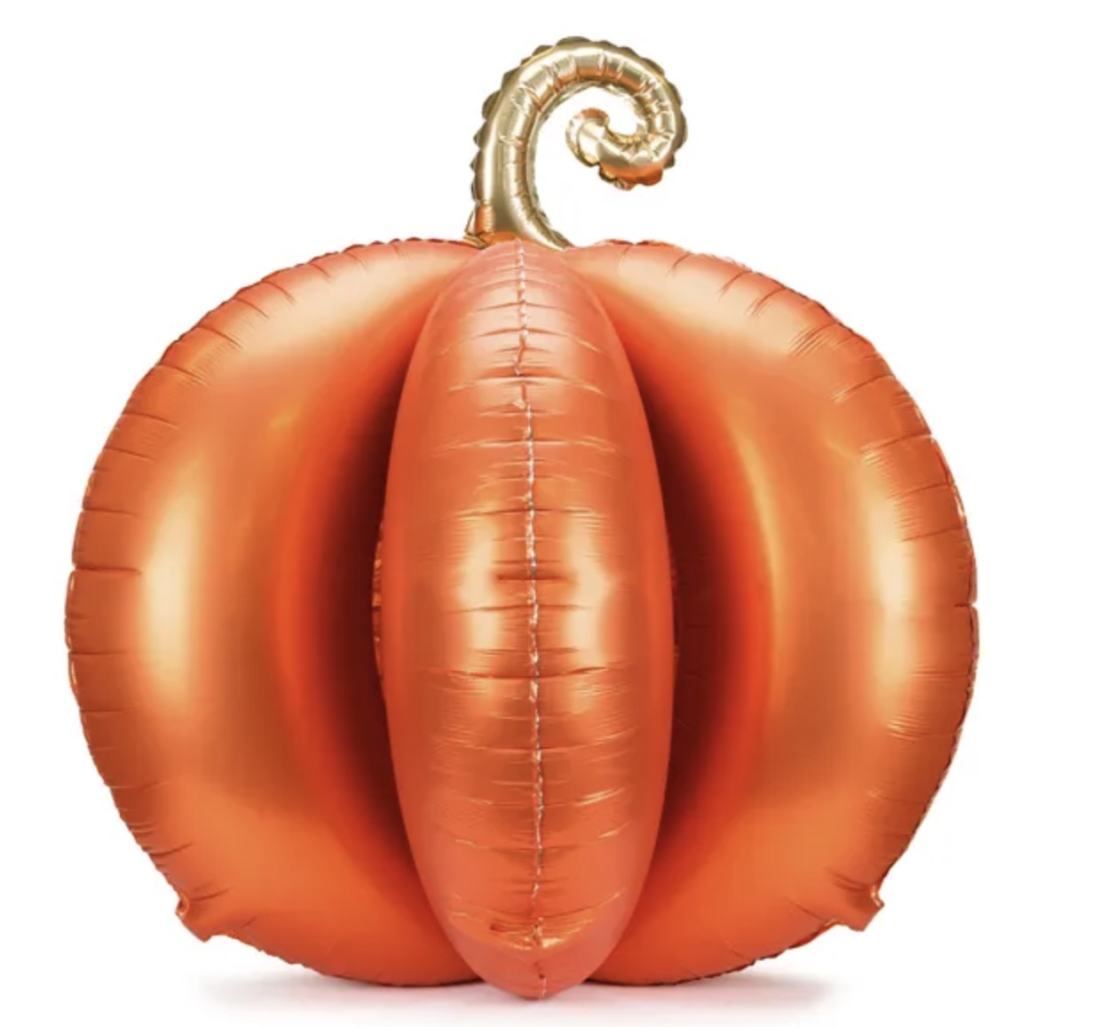 Orange air-filled pumpkin balloon with a rounded, segmented body and curled gold stem.