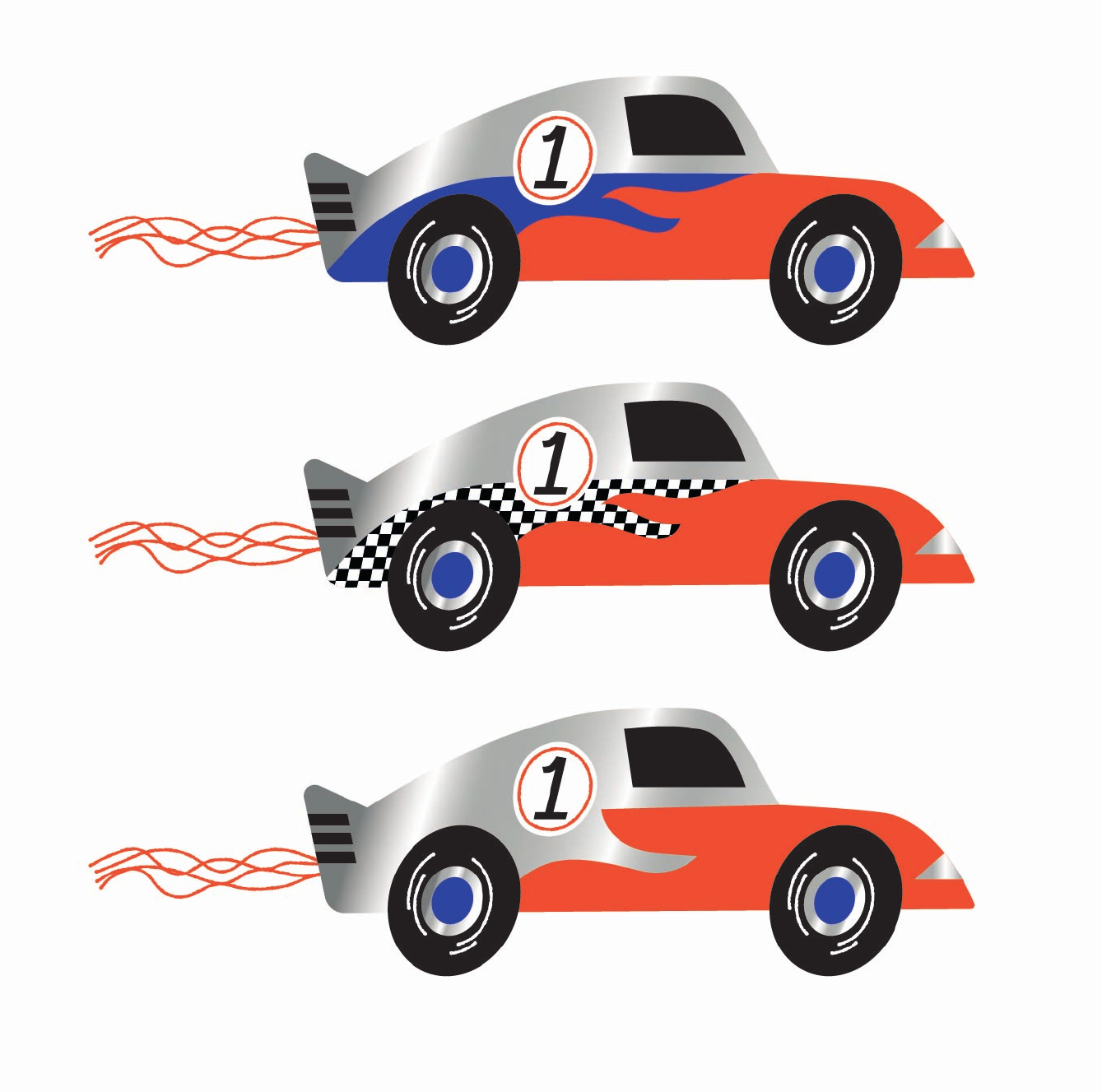Three original race car illustration variants comparing blue flames, a checkerboard band and a simpler red-and-silver design.