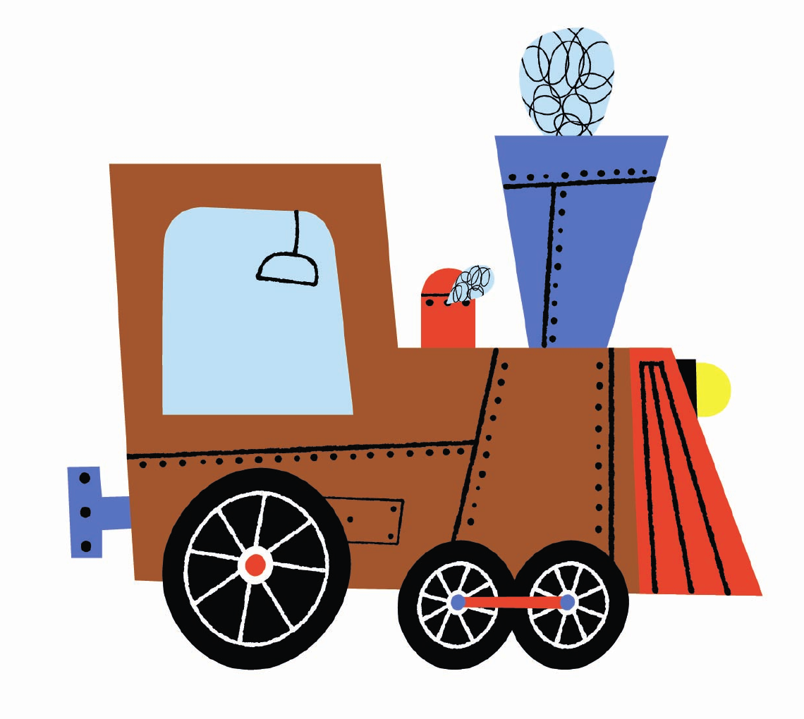 Original approved train illustration from the development board: brown body, blue chimney, orange front and hand-drawn black details.
