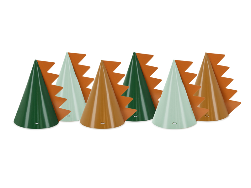 Green, mint and ochre paper party hats with orange dinosaur spikes.