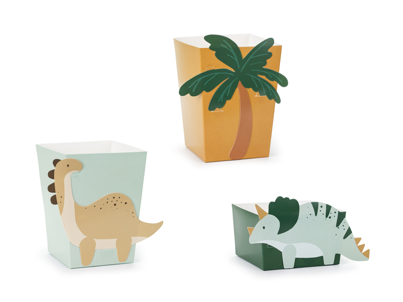Dinosaur and palm-tree snack boxes in the collection palette.